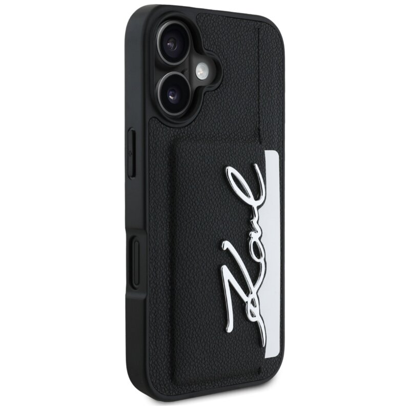 Husa iPhone 16 Karl Lagerfeld Hardcase Leather Cardslot, Metal Signature, KLHCP16SPGPVKSK