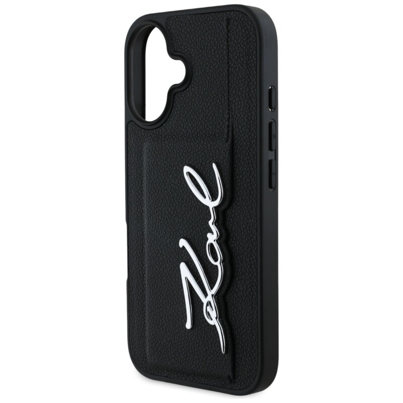 Husa iPhone 16 Karl Lagerfeld Hardcase Leather Cardslot, Metal Signature, KLHCP16SPGPVKSK
