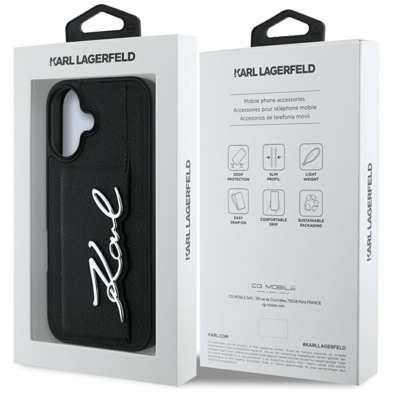 Husa iPhone 16 Karl Lagerfeld Hardcase Leather Cardslot, Metal Signature, KLHCP16SPGPVKSK