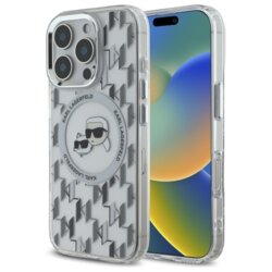 Husa iPhone 16 Pro Max Karl Lagerfeld IML MagSafe, Monogram Karl&Choupette Head, transparenta, KLHMP16XHMCKMHT