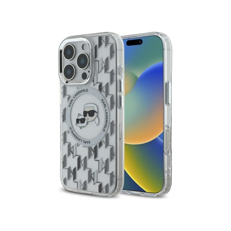 Husa iPhone 16 Pro Max Karl Lagerfeld IML MagSafe, Monogram Karl&Choupette Head, transparenta, KLHMP16XHMCKMHT
