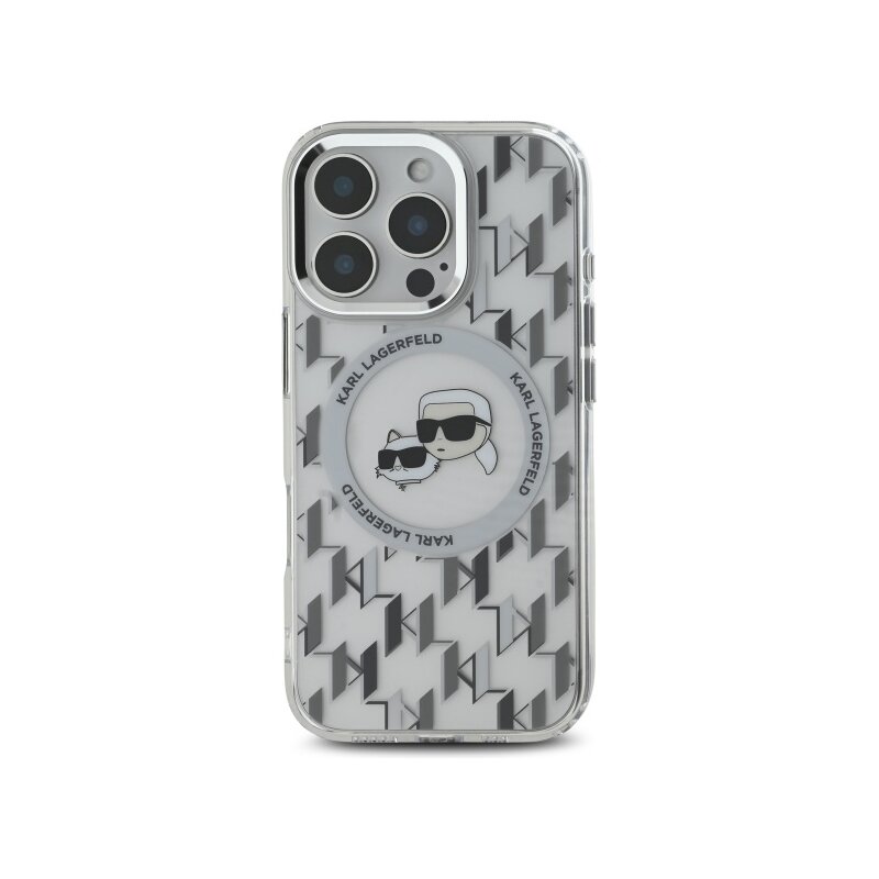 Husa iPhone 16 Pro Max Karl Lagerfeld IML MagSafe, Monogram Karl&Choupette Head, transparenta, KLHMP16XHMCKMHT