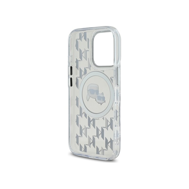 Husa iPhone 16 Pro Max Karl Lagerfeld IML MagSafe, Monogram Karl&Choupette Head, transparenta, KLHMP16XHMCKMHT