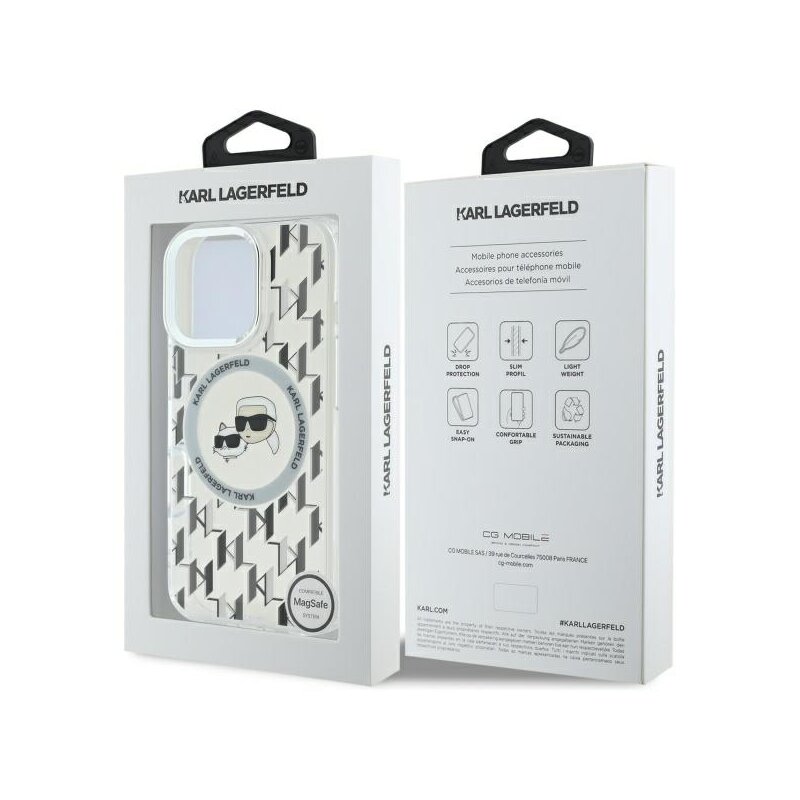 Husa iPhone 16 Pro Max Karl Lagerfeld IML MagSafe, Monogram Karl&Choupette Head, transparenta, KLHMP16XHMCKMHT