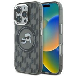 Husa iPhone 16 Pro Karl Lagerfeld IML MagSafe, Monogram Karl&Choupette Head, negru, KLHMP16LHMCKMHK
