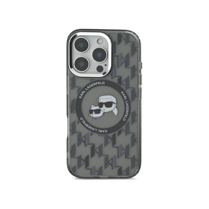 Husa iPhone 16 Pro Karl Lagerfeld IML MagSafe, Monogram Karl&Choupette Head, negru, KLHMP16LHMCKMHK