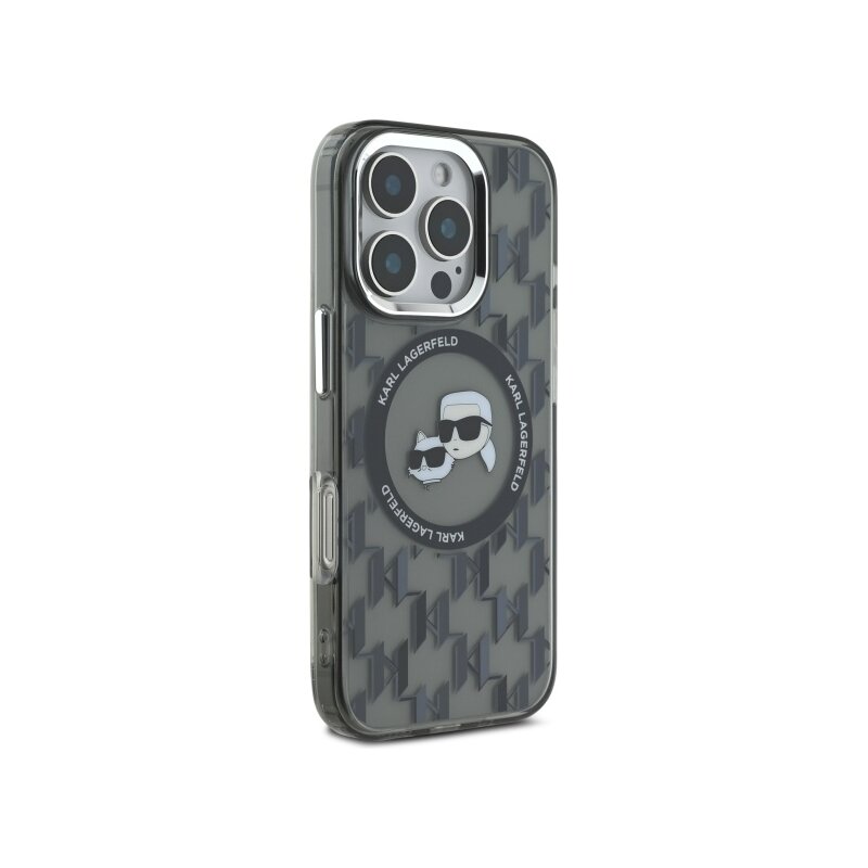 Husa iPhone 16 Pro Karl Lagerfeld IML MagSafe, Monogram Karl&Choupette Head, negru, KLHMP16LHMCKMHK