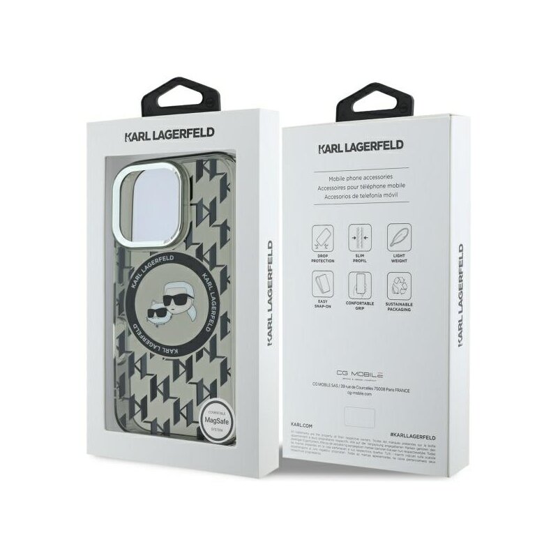 Husa iPhone 16 Pro Karl Lagerfeld IML MagSafe, Monogram Karl&Choupette Head, negru, KLHMP16LHMCKMHK
