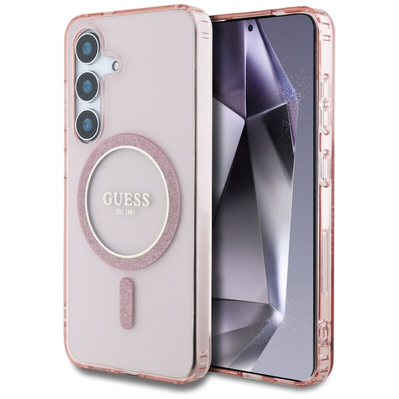 Husa Samsung Galaxy S25 originala Guess IML Glitter Circle MagSafe, roz, GUHMS25SHFGEREP