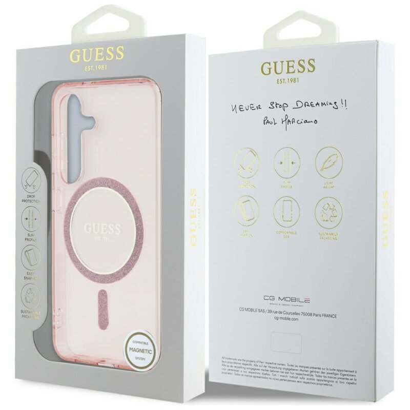 Husa Samsung Galaxy S25 originala Guess IML Glitter Circle MagSafe, roz, GUHMS25SHFGEREP