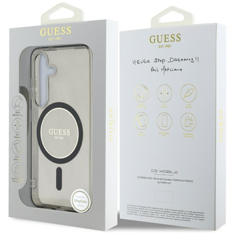Husa Samsung Galaxy S25 originala Guess IML Glitter Circle MagSafe, negru, GUHMS25SHFGEREK