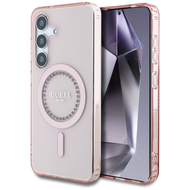 Husa Samsung Galaxy S25 originala Guess IML Rhinestones MagSafe, roz, GUHMS25SPFTDTEP