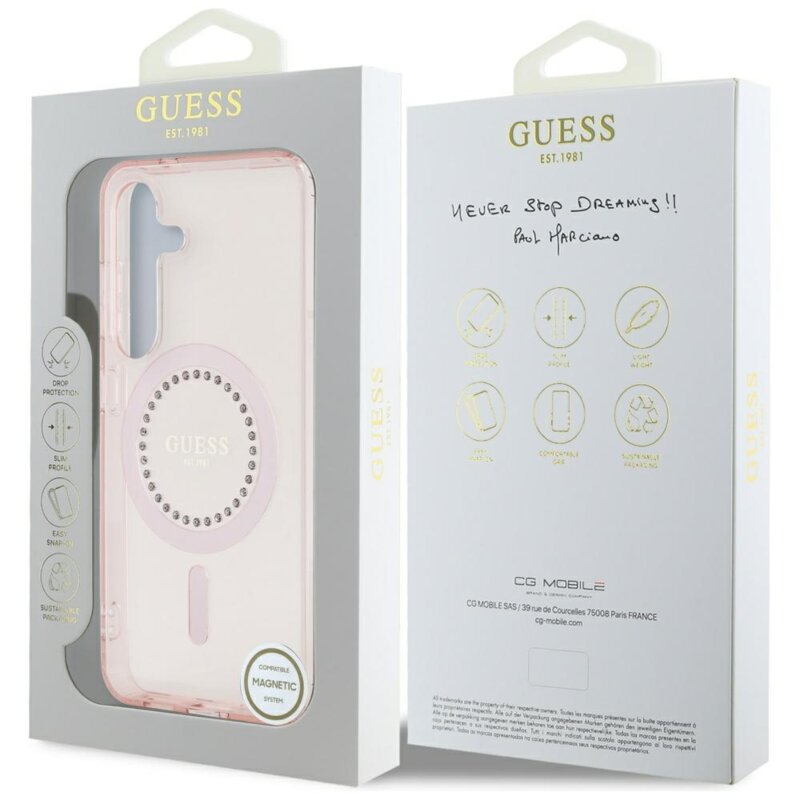 Husa Samsung Galaxy S25 originala Guess IML Rhinestones MagSafe, roz, GUHMS25SPFTDTEP