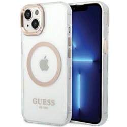 Husa iPhone 15 Plus originala Guess Metal Outline MagSafe, auriu, GUHMP15MHTRMD