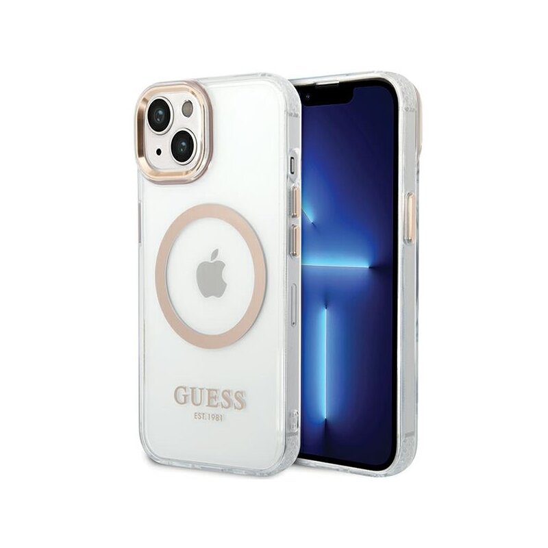 Husa iPhone 15 Plus originala Guess Metal Outline MagSafe, auriu, GUHMP15MHTRMD