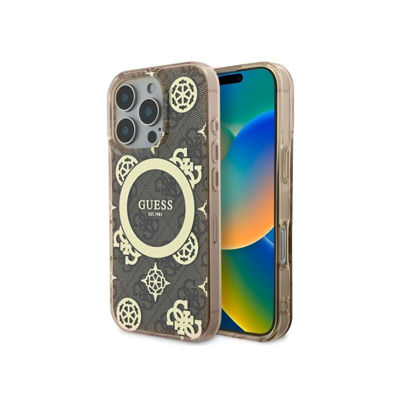 Husa iPhone 16 Pro originala Guess IML Peony On 4G Background MagSafe, maro, GUHMP16LH4PYEEW