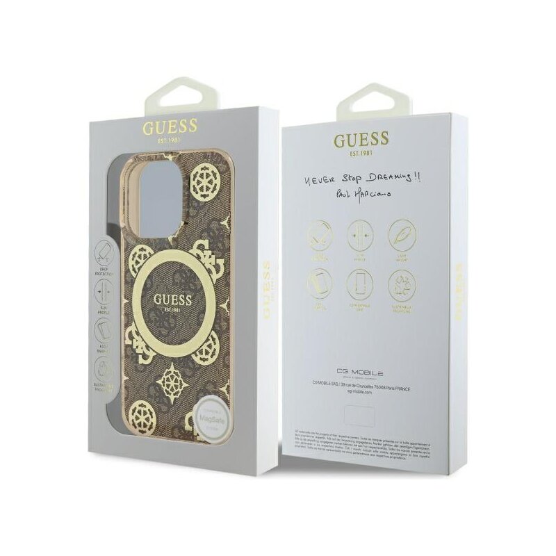 Husa iPhone 16 Pro originala Guess IML Peony On 4G Background MagSafe, maro, GUHMP16LH4PYEEW