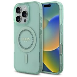 Husa iPhone 16 Pro Max originala Guess IML Rhinestones MagSafe, verde, GUHMP16XPFTDTEN