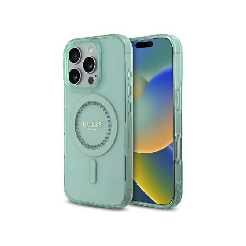 Husa iPhone 16 Pro Max originala Guess IML Rhinestones MagSafe, verde, GUHMP16XPFTDTEN