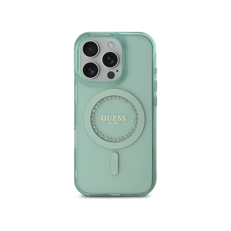 Husa iPhone 16 Pro Max originala Guess IML Rhinestones MagSafe, verde, GUHMP16XPFTDTEN
