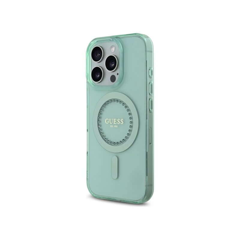 Husa iPhone 16 Pro Max originala Guess IML Rhinestones MagSafe, verde, GUHMP16XPFTDTEN