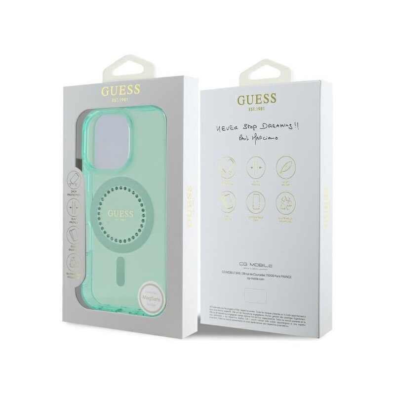 Husa iPhone 16 Pro Max originala Guess IML Rhinestones MagSafe, verde, GUHMP16XPFTDTEN