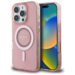 Husa iPhone 16 Pro originala Guess IML Rhinestones MagSafe, roz, GUHMP16LPFTDTEP