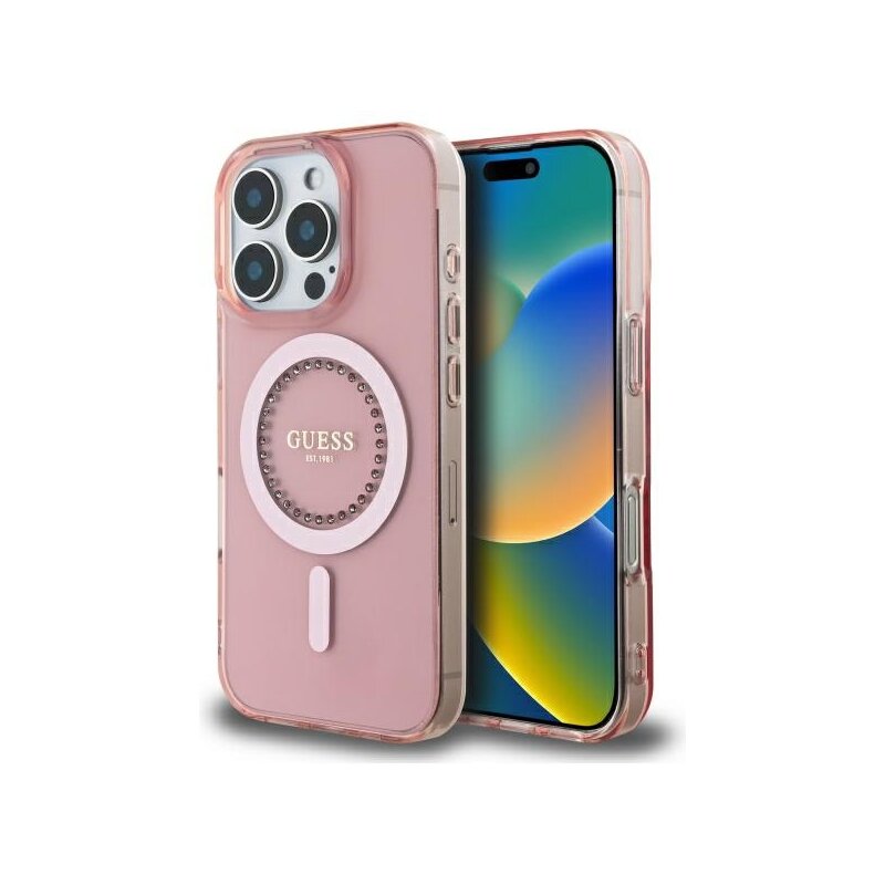Husa iPhone 16 Pro originala Guess IML Rhinestones MagSafe, roz, GUHMP16LPFTDTEP
