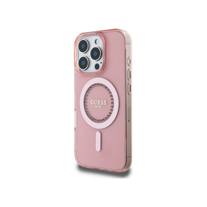 Husa iPhone 16 Pro originala Guess IML Rhinestones MagSafe, roz, GUHMP16LPFTDTEP