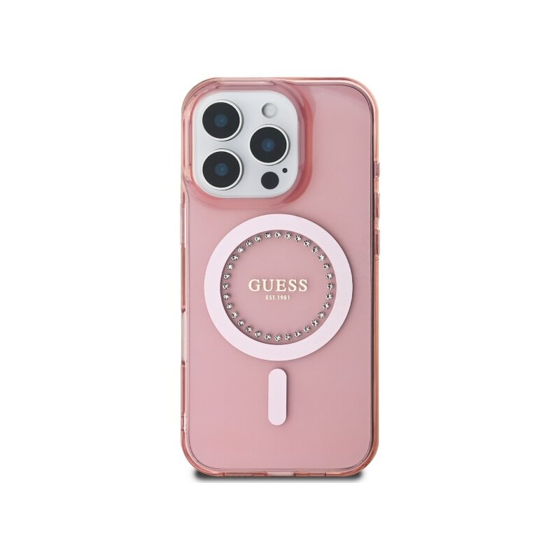 Husa iPhone 16 Pro originala Guess IML Rhinestones MagSafe, roz, GUHMP16LPFTDTEP