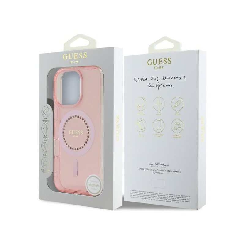 Husa iPhone 16 Pro originala Guess IML Rhinestones MagSafe, roz, GUHMP16LPFTDTEP