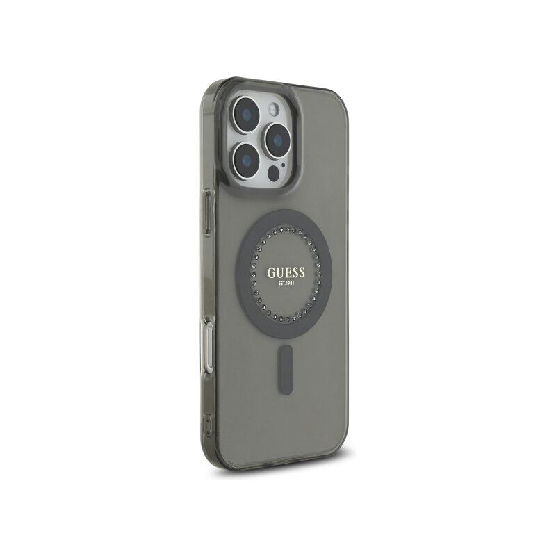 Husa iPhone 16 Pro originala Guess IML Rhinestones MagSafe, negru, GUHMP16LPFTDTEK