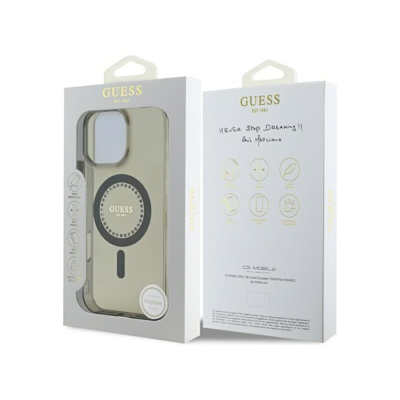 Husa iPhone 16 Pro originala Guess IML Rhinestones MagSafe, negru, GUHMP16LPFTDTEK