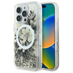 Husa Guess iPhone 16 Pro Liquid Glitter Flower MagSafe, bej, GUHMP16LLFMWTE