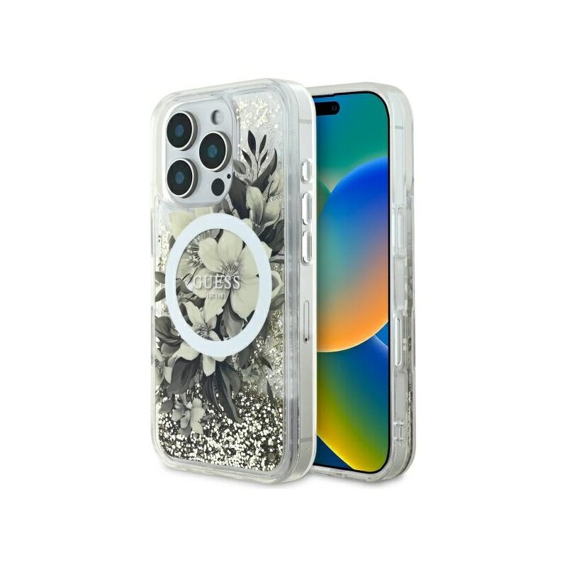 Husa Guess iPhone 16 Pro Liquid Glitter Flower MagSafe, bej, GUHMP16LLFMWTE