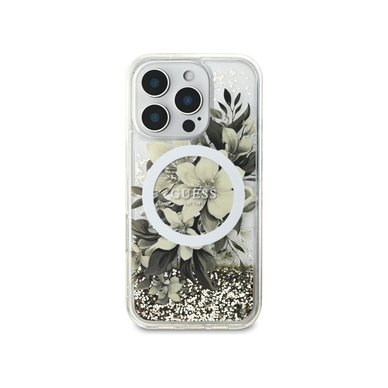 Husa Guess iPhone 16 Pro Liquid Glitter Flower MagSafe, bej, GUHMP16LLFMWTE