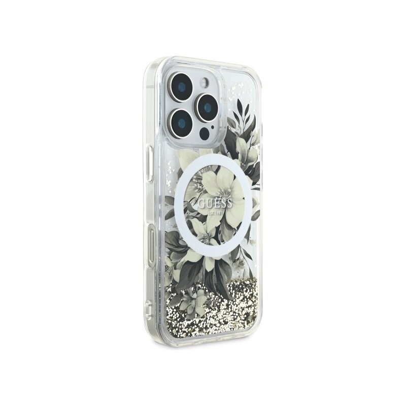 Husa Guess iPhone 16 Pro Liquid Glitter Flower MagSafe, bej, GUHMP16LLFMWTE