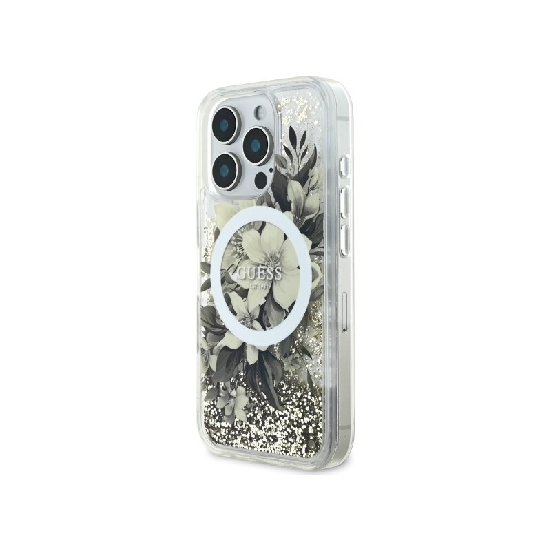 Husa Guess iPhone 16 Pro Liquid Glitter Flower MagSafe, bej, GUHMP16LLFMWTE