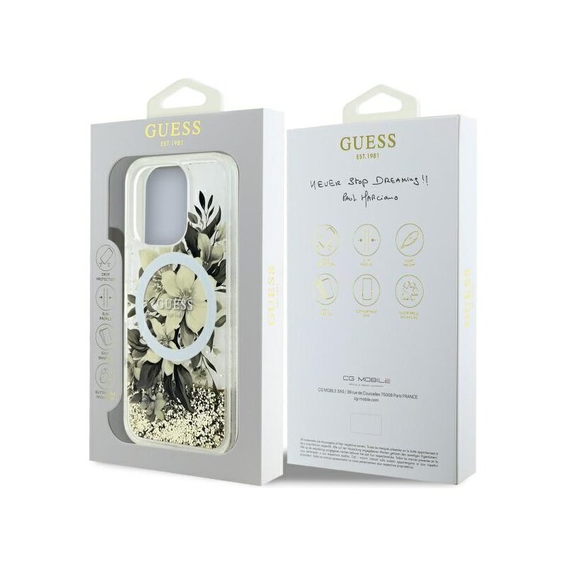 Husa Guess iPhone 16 Pro Liquid Glitter Flower MagSafe, bej, GUHMP16LLFMWTE
