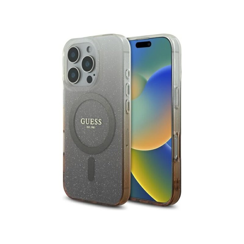 Husa iPhone 16 Pro Max originala Guess IML Glitter Gradient MagSafe, maro, GUHMP16XHGRCELW