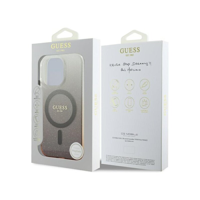 Husa iPhone 16 Pro originala Guess IML Glitter Gradient MagSafe, maro, GUHMP16LHGRCELW