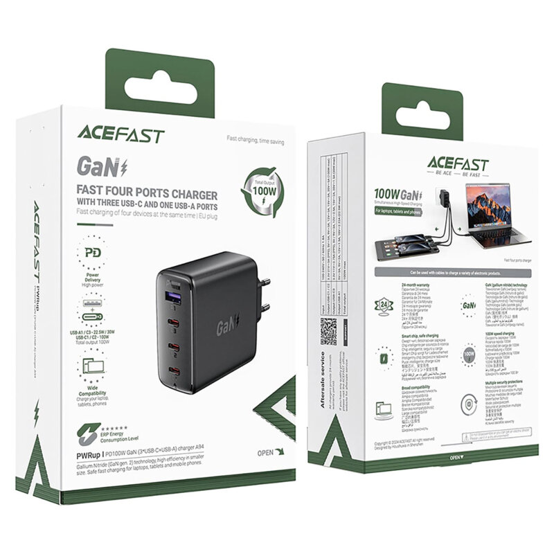 Incarcator priza PD100W GaN2, 3x Type-C, USB-A, Acefast A94, negru