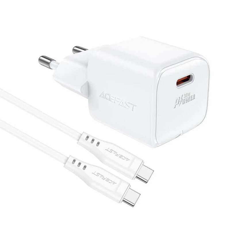 Set incarcator Type-C PD30W GaN + cablu Type-C, Acefast A77, alb