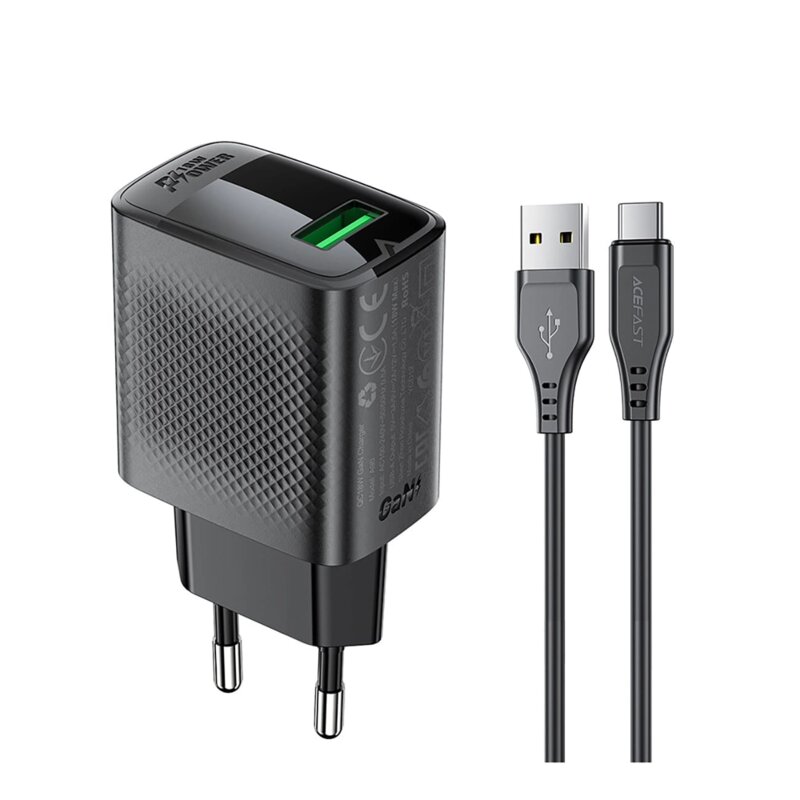 Set incarcator tip USB-C + cablu Type-C 18W Quick Charge GaN, Acefast A90