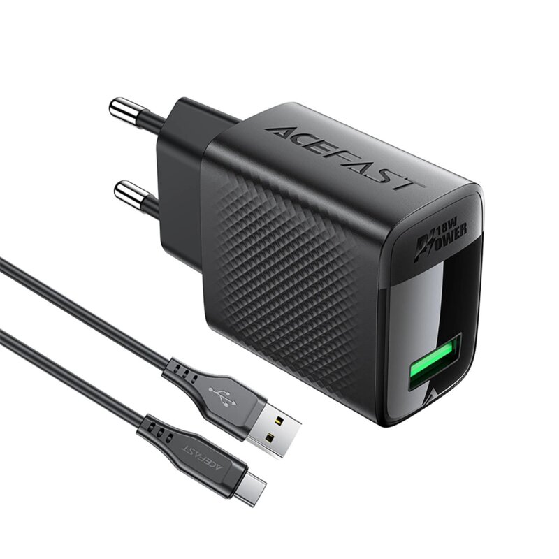 Set incarcator tip USB-C + cablu Type-C 18W Quick Charge GaN, Acefast A90