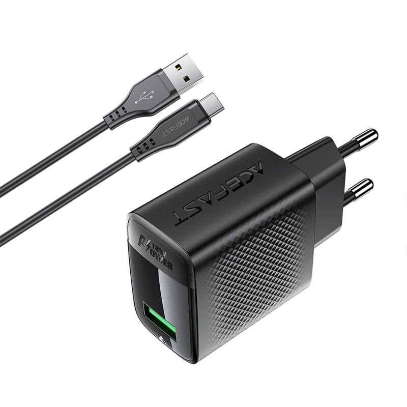 Set incarcator tip USB-C + cablu Type-C 18W Quick Charge GaN, Acefast A90