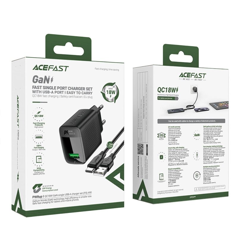 Set incarcator tip USB-C + cablu Type-C 18W Quick Charge GaN, Acefast A90