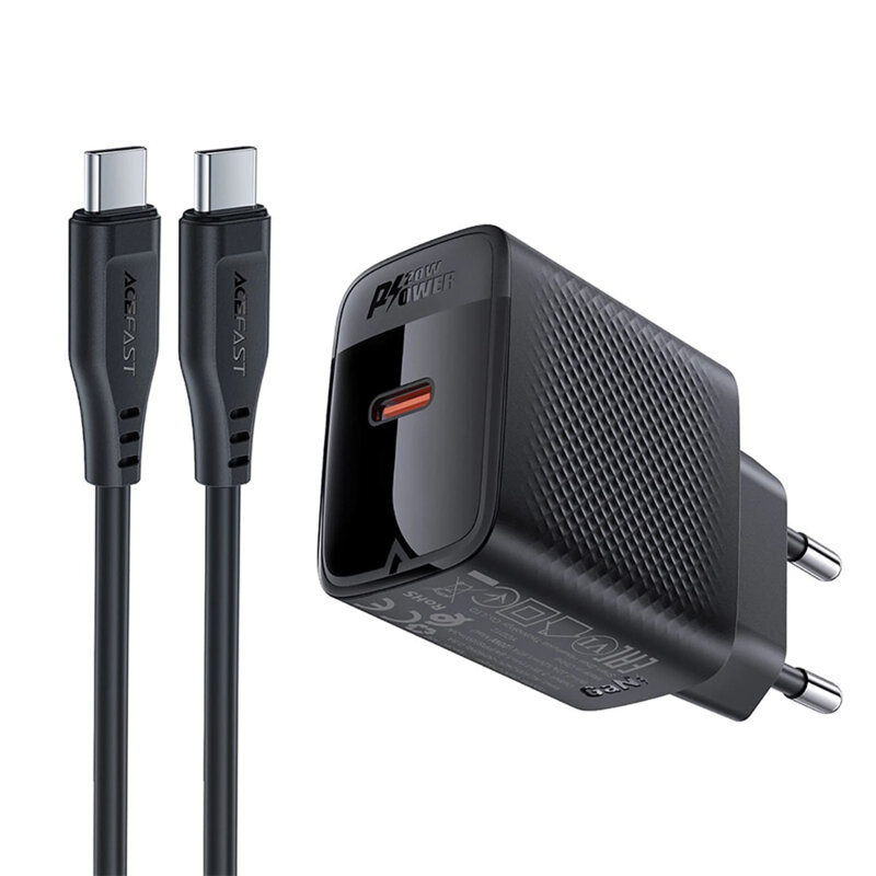 Set incarcator GaN Type-C, 20W + cablu Type-C, Acefast A82, negru