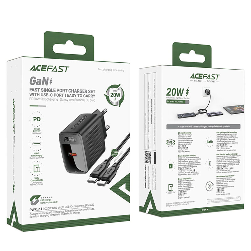Set incarcator GaN Type-C, 20W + cablu Type-C, Acefast A82, negru