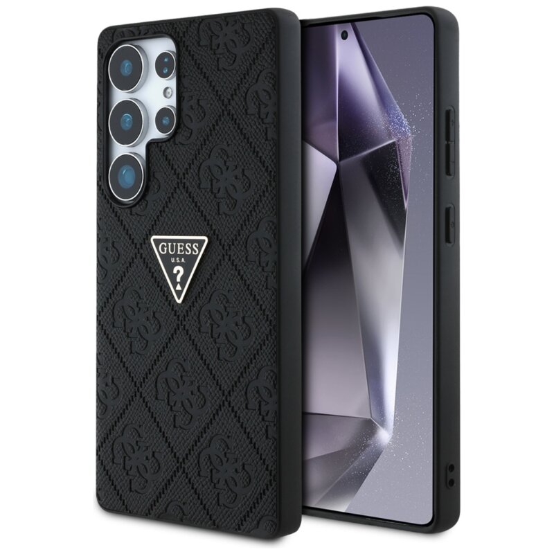 Husa Samsung Galaxy S25 Ultra Guess Leather Grained Hot Stamp 4G Triangle Metal, negru, GUHCS25LPGP4STRK